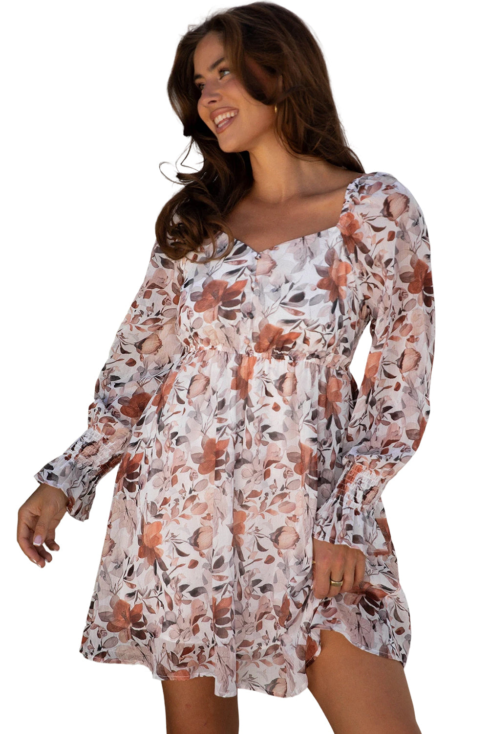 Floral Sweetheart Neck Long Sleeve Mini Dress