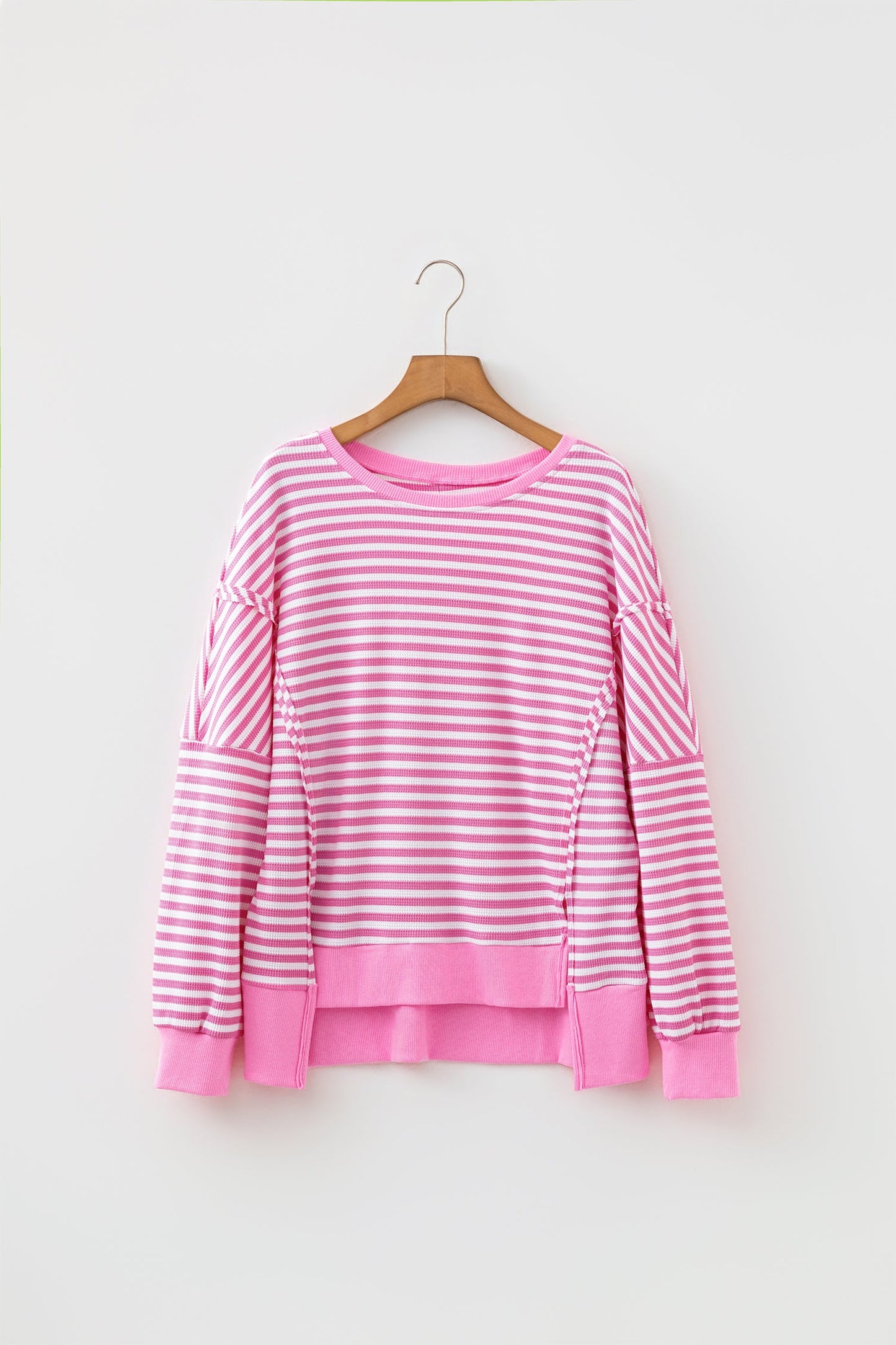 Stripe Textured Knit Exposed Seam Split Hem Sweater