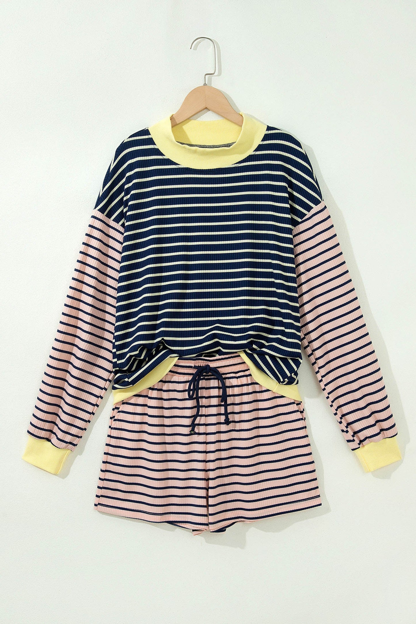 Stripe Long Sleeve Mock Neck Ribbed Knit Top & Shorts Set