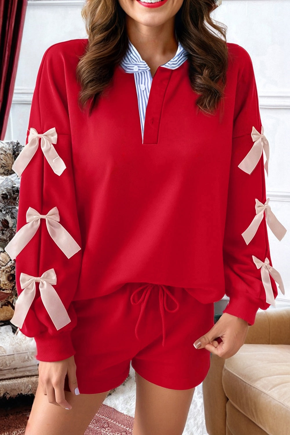 Stripe Collar Patchwork Bow Sweatshirt and Shorts Set