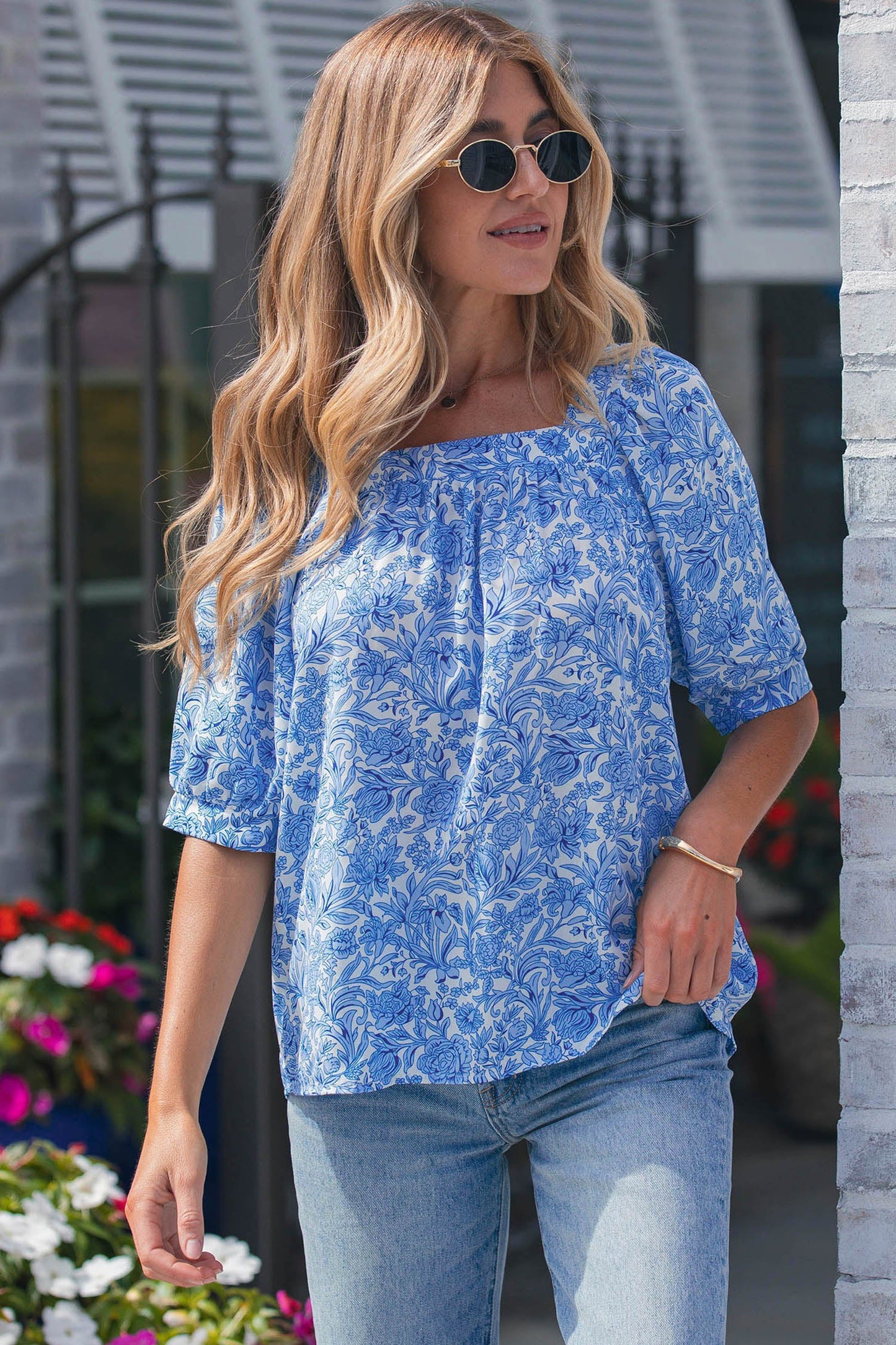Floral Pleated Square Neck Puff Sleeve Blouse