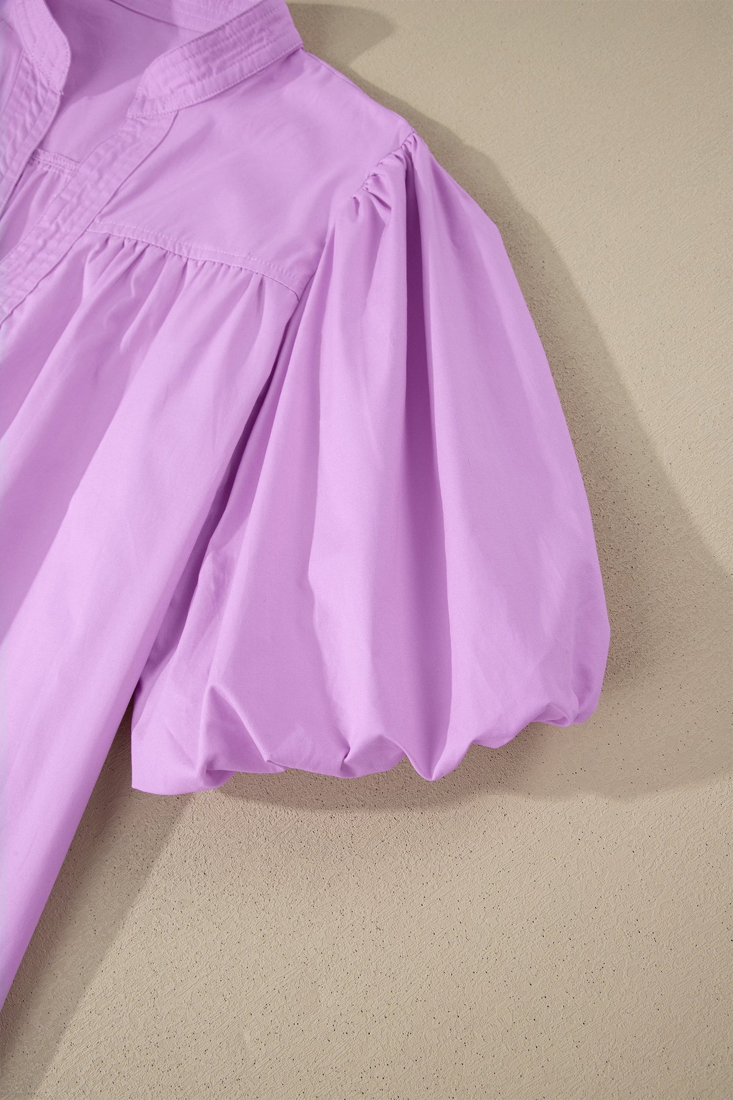 Solid Stitched V-Neck Short Puff Sleeve Blouse