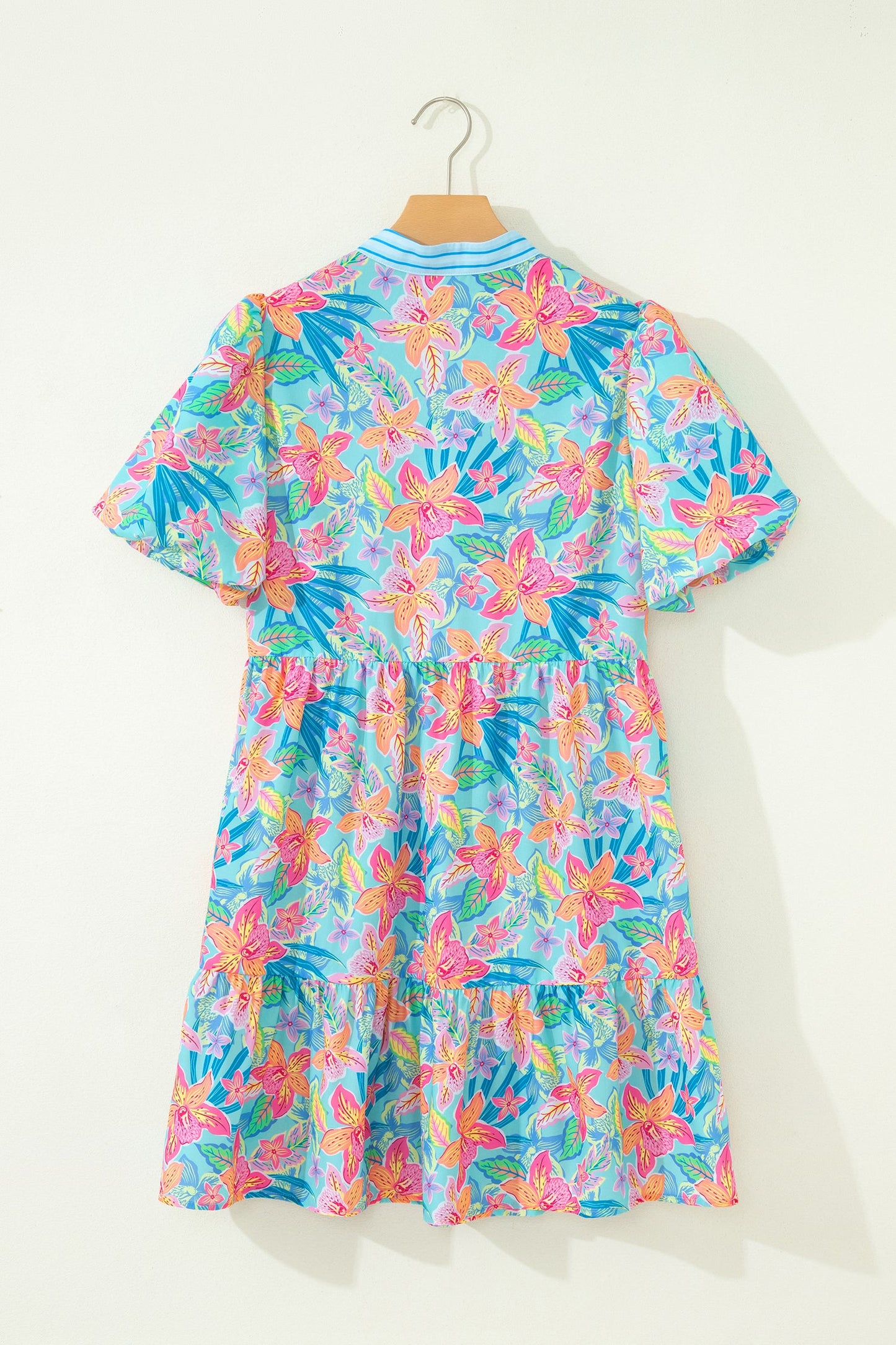 Floral Stripe Scallop Trim V-Neck Tiered Dress