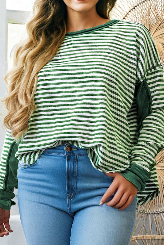 Plus Size Stripe Thermal Reverse Seam Patchwork Top