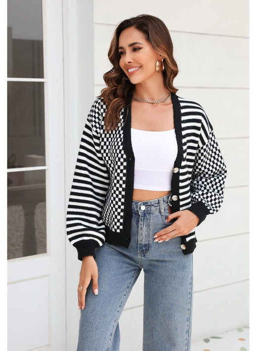 Women Button-Down Stripe & Plaid Contrast Pattern Cardigan Sweater