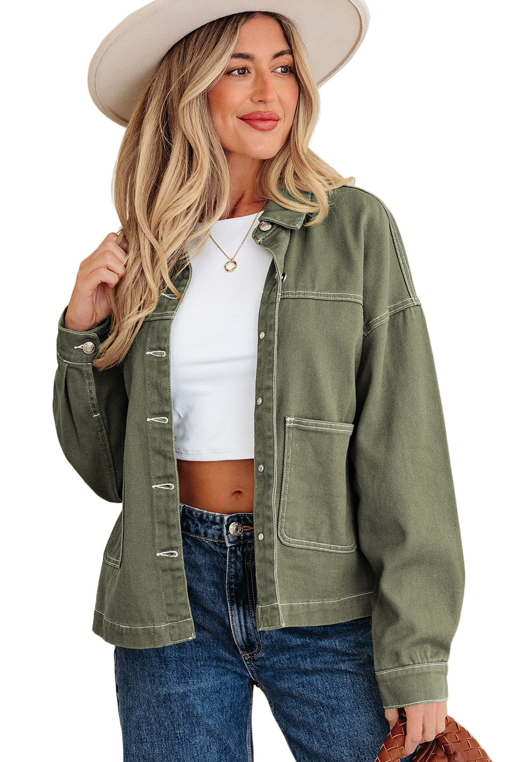 Denim Button-Up Patch Pocket Collared Jacket