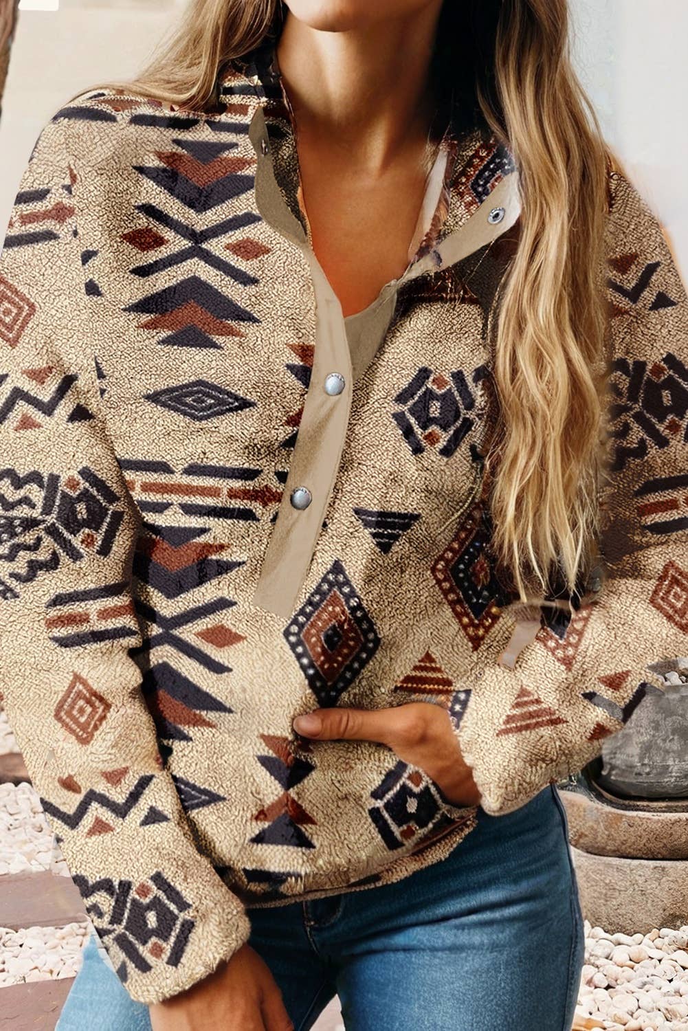 Western Aztec Half Snap- Plush Sweatshirt – Cozy & Stylish