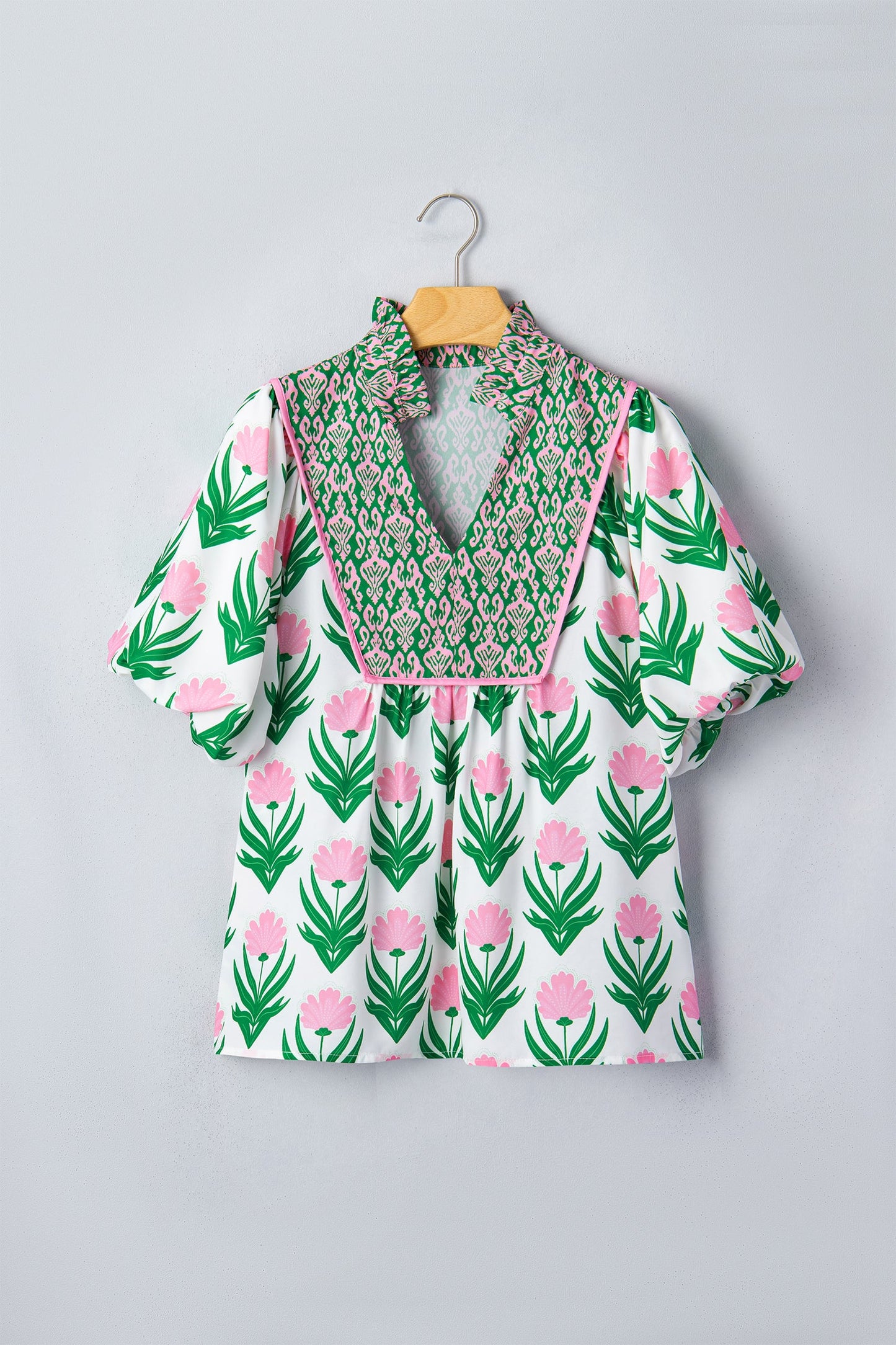 Floral Puff Sleeve Contrast V-Neck Blouse