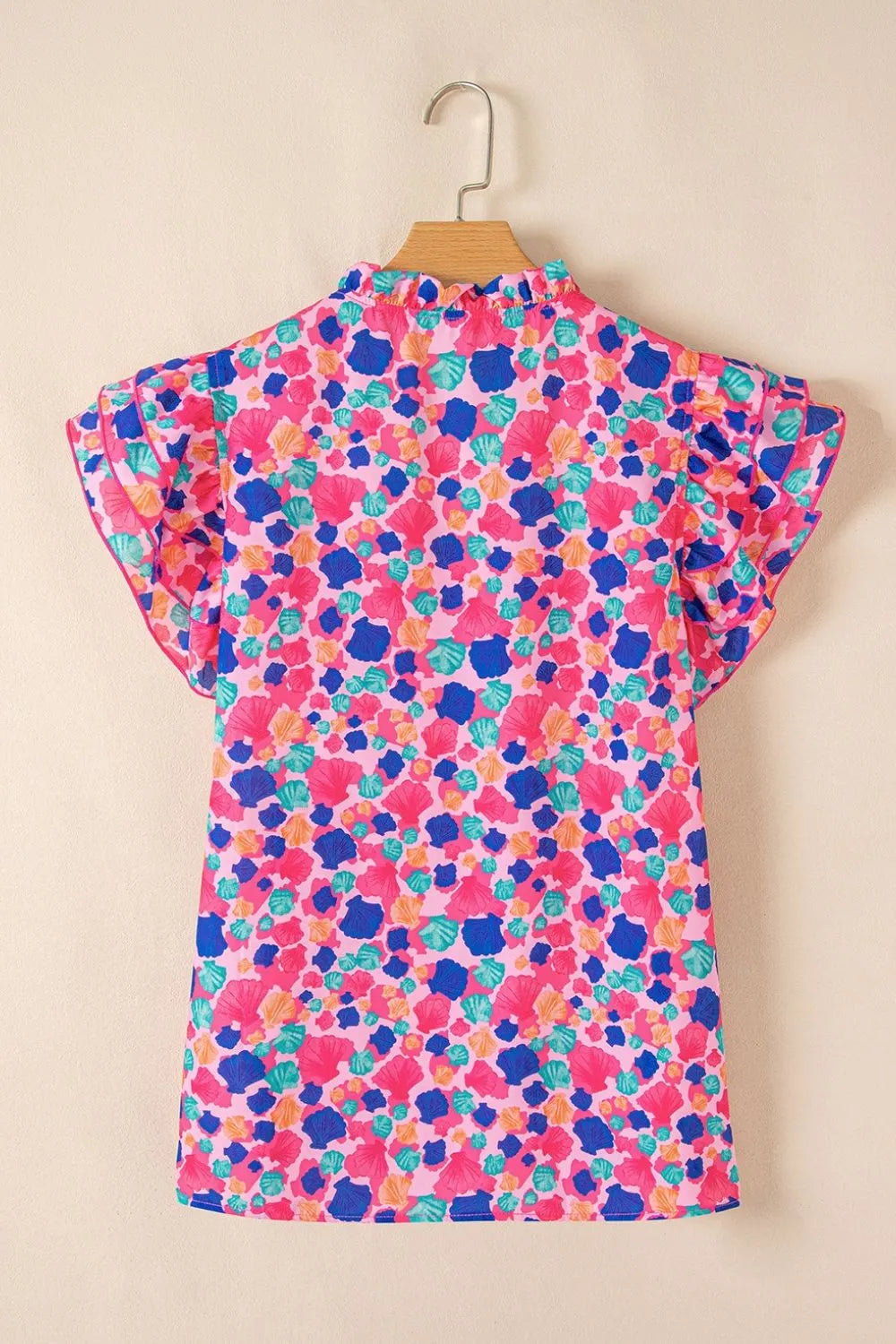 Abstract Print Ruffled Sleeve Notched Blouse