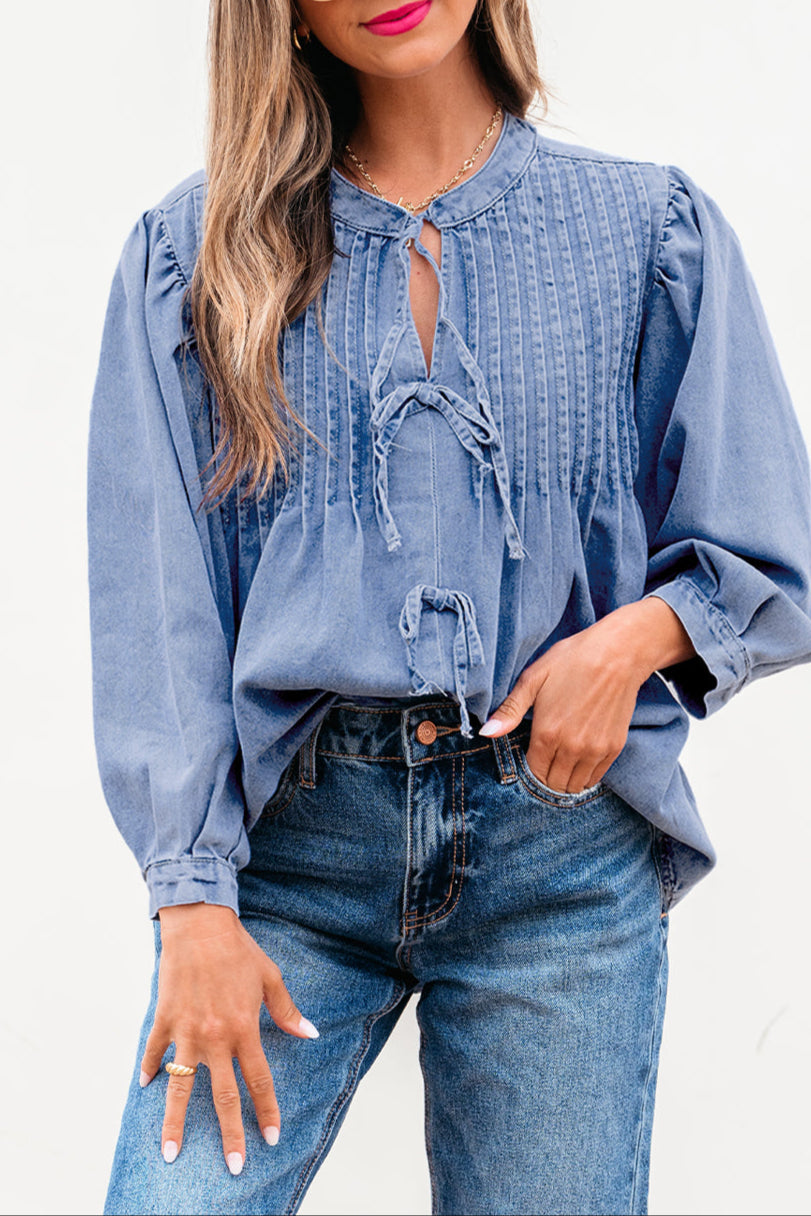 Denim Pleated Bow Tie Top