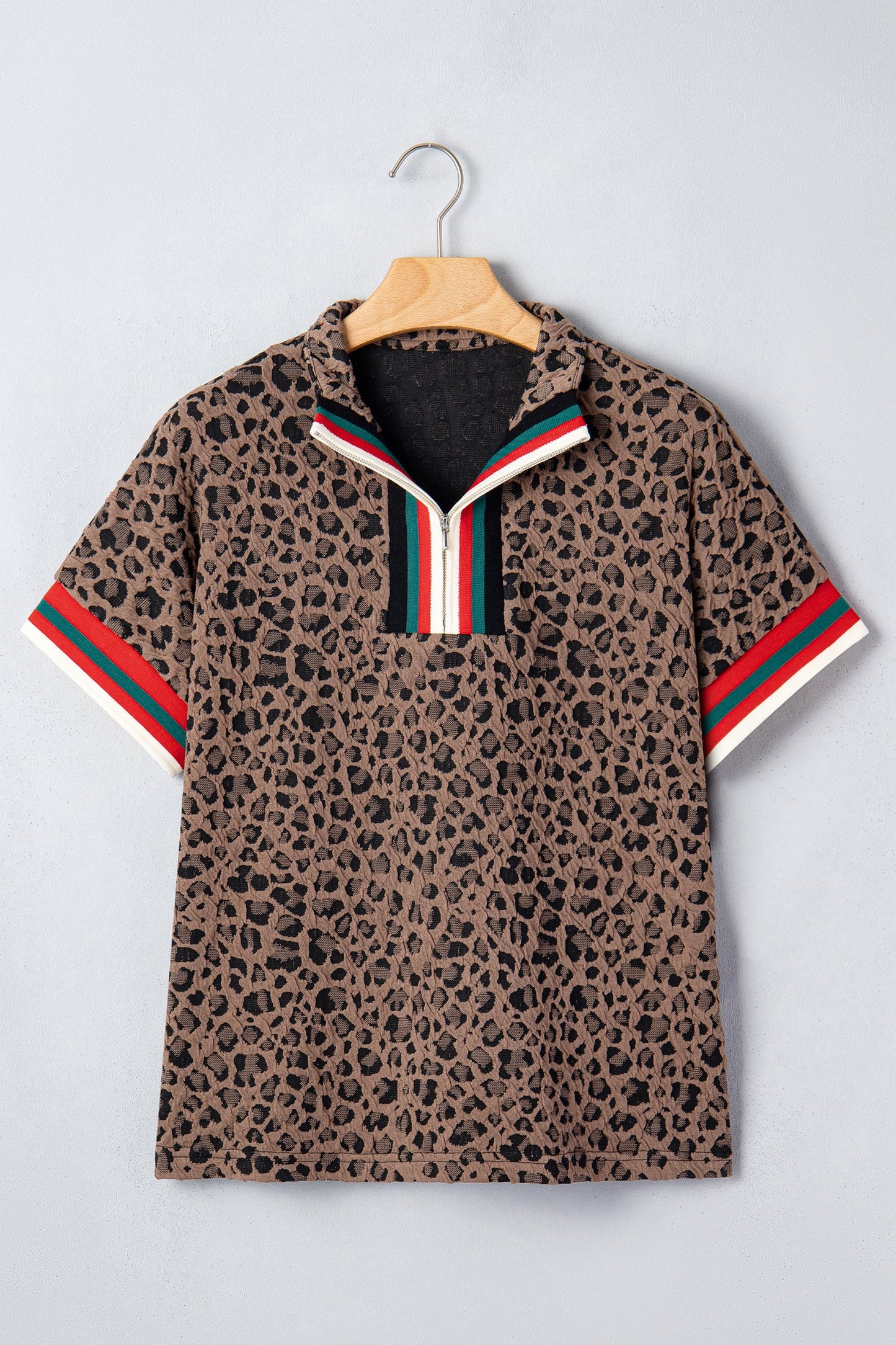 Leopard Stripe Patchwork Half Zip Collared Blouse