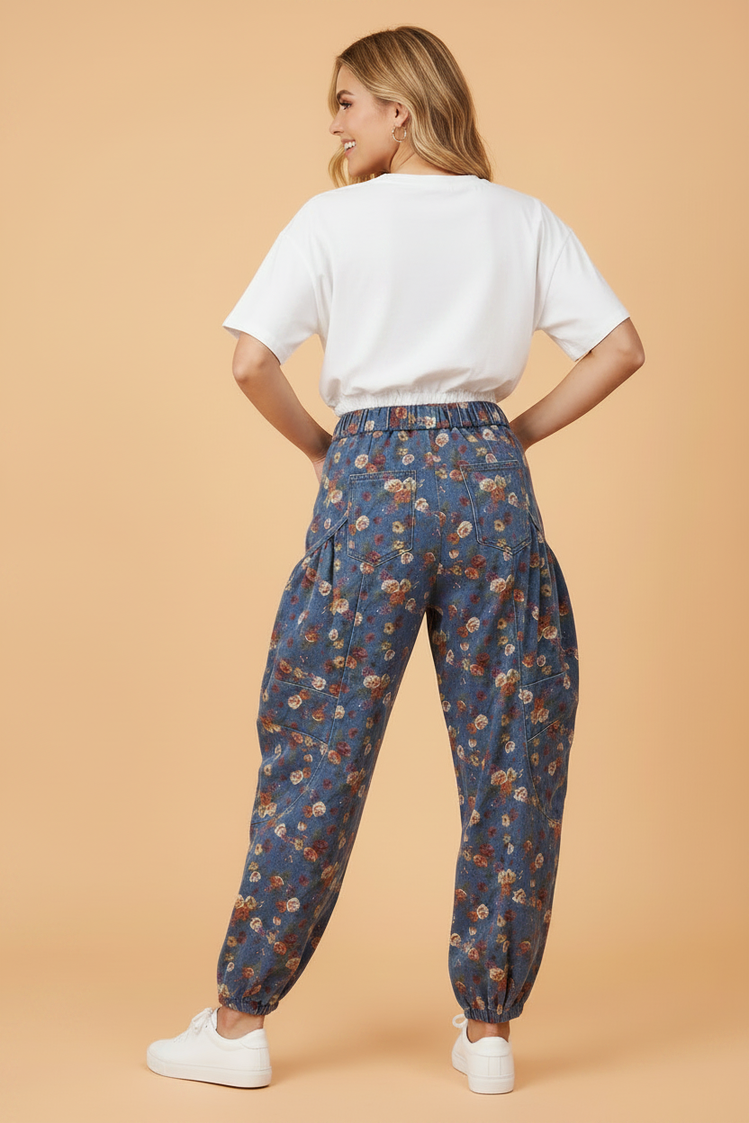 Floral Denim Elastic Waist Pocketed Barrel Jeans