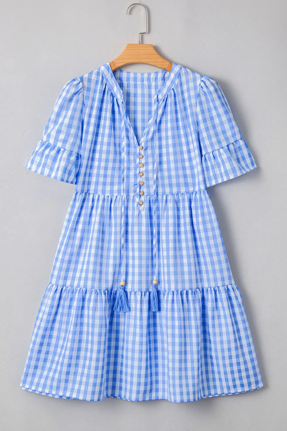 Gingham Short Sleeve Button Tie Split Neck Loose Mini Dress