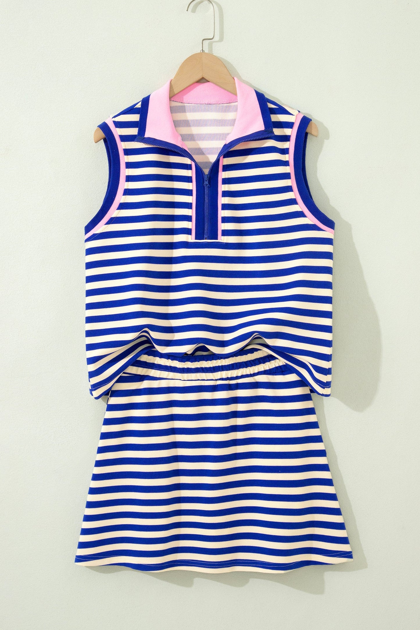 Stripe Textured Zip Collar Top & Skort Set