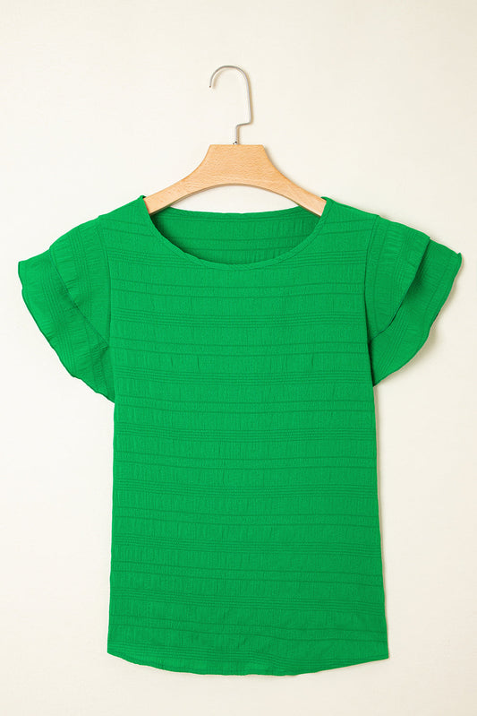 Solid Textured Ruffled Sleeve Round Neck Top