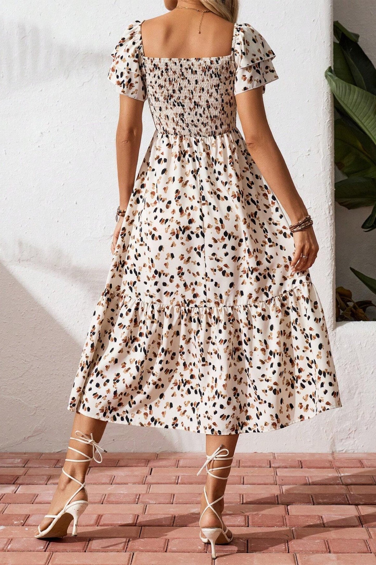 Leopard Smocked Square Neck Ruffle Sleeve Dress