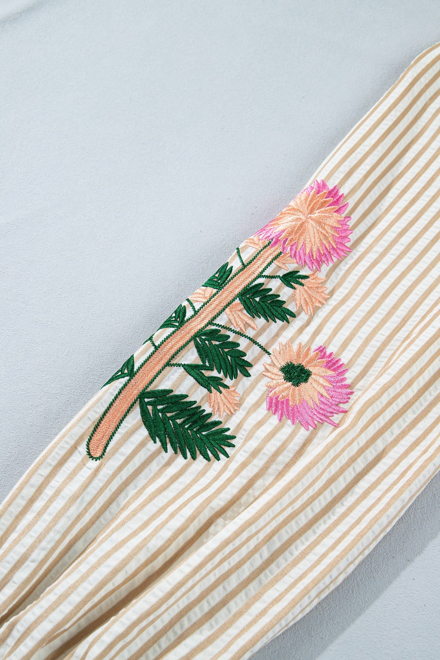 Floral Embroidered Stripe V-Neck Long Sleeve Blouse