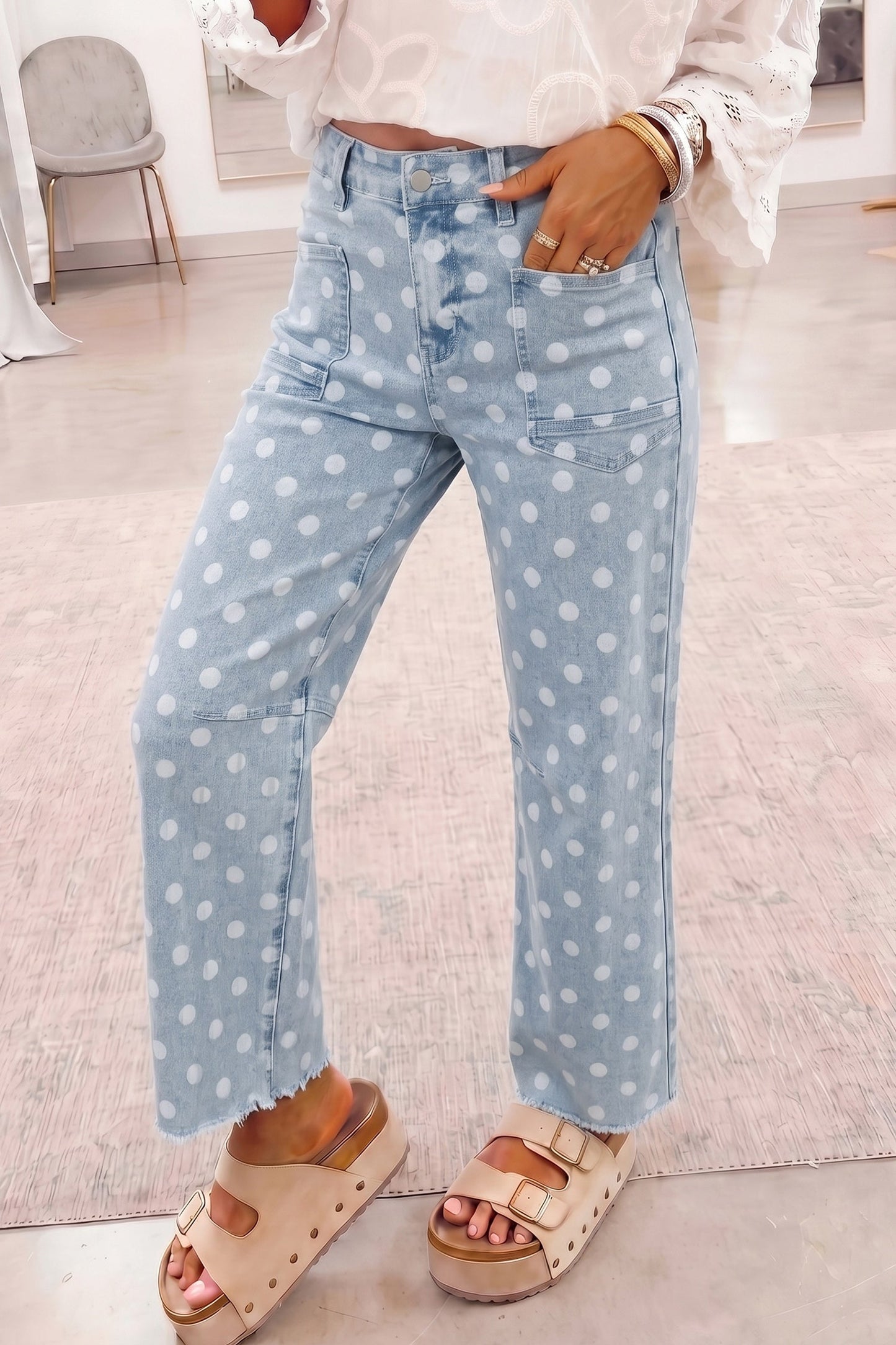 Polka Dot Denim Raw Hem Barrel Jeans