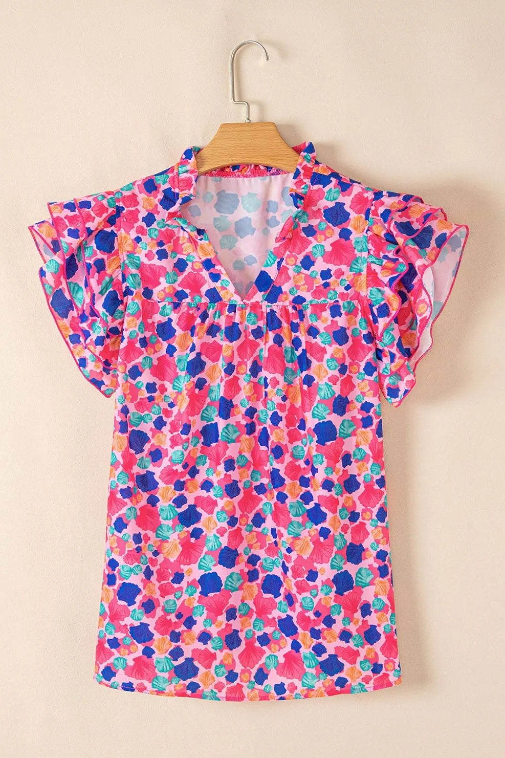 Abstract Print Ruffled Sleeve Notched Blouse
