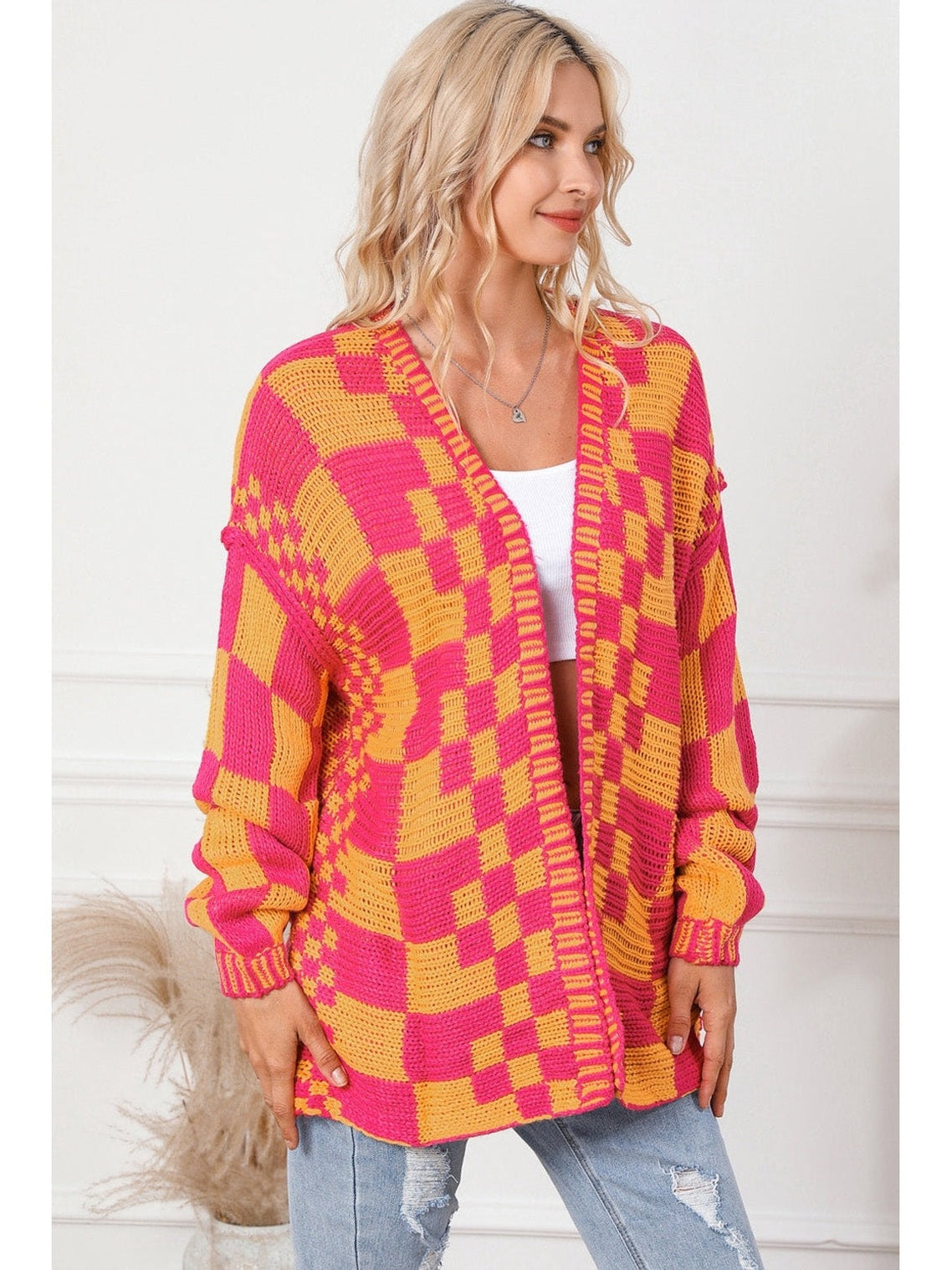 Women Cardigan Sweater Contrast Exposed Seam Open Front Orange Colored