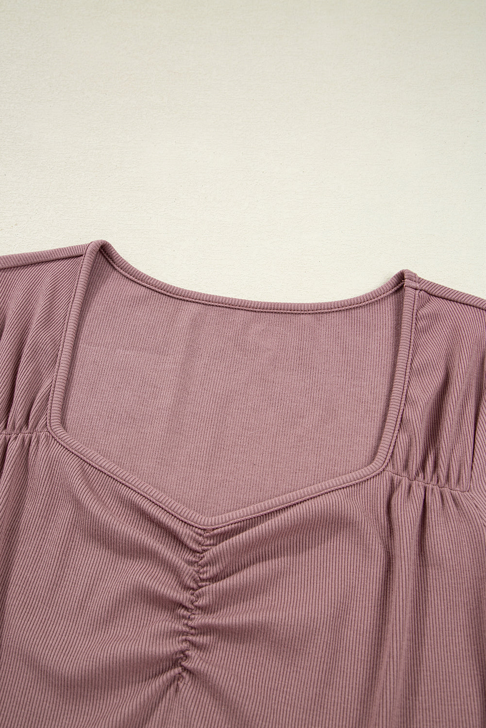 Gathered Bust Square Neck Ribbed Long Sleeve Top