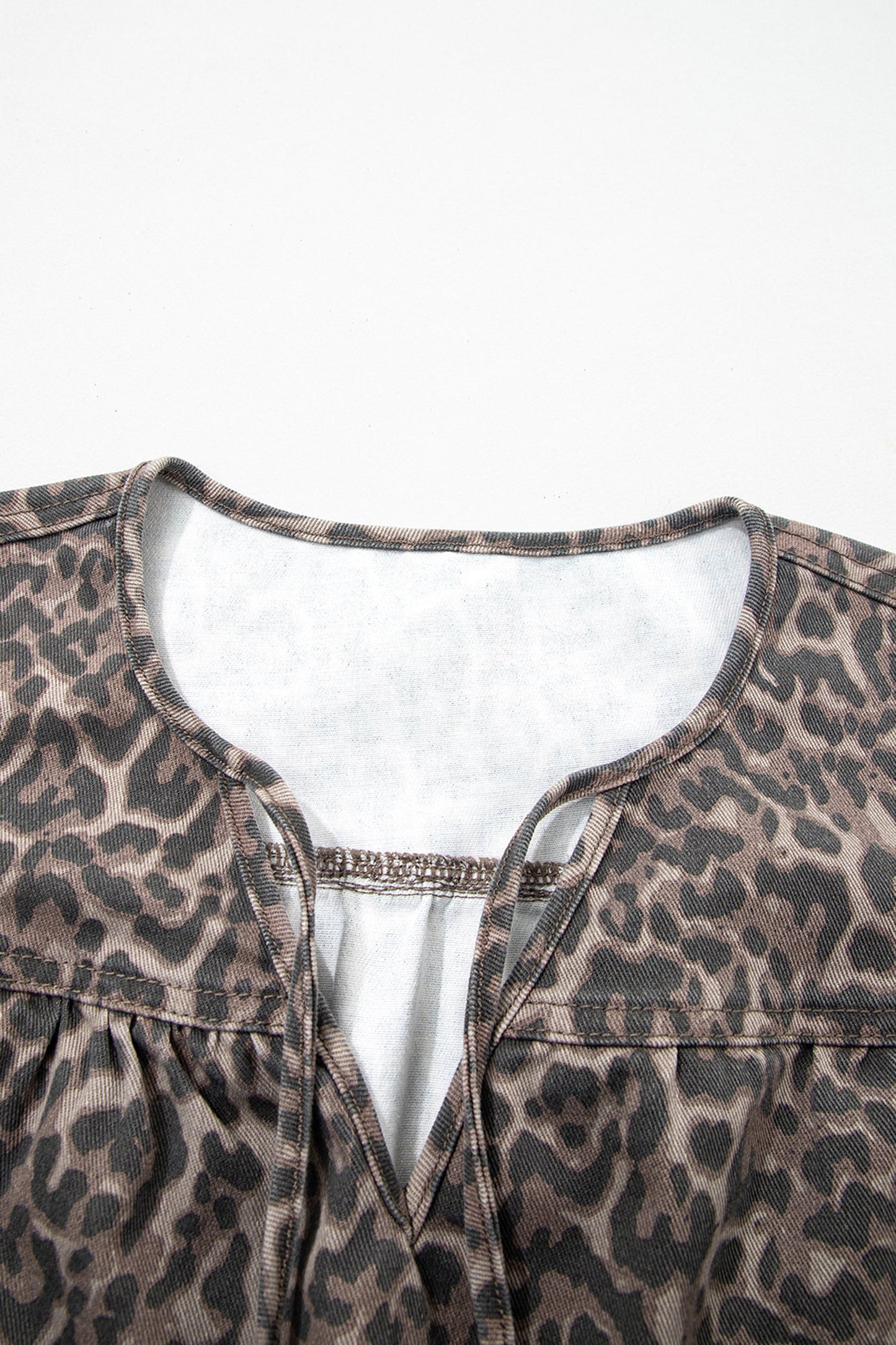 Leopard Denim Tie Neck Puff Sleeve Babydoll Top
