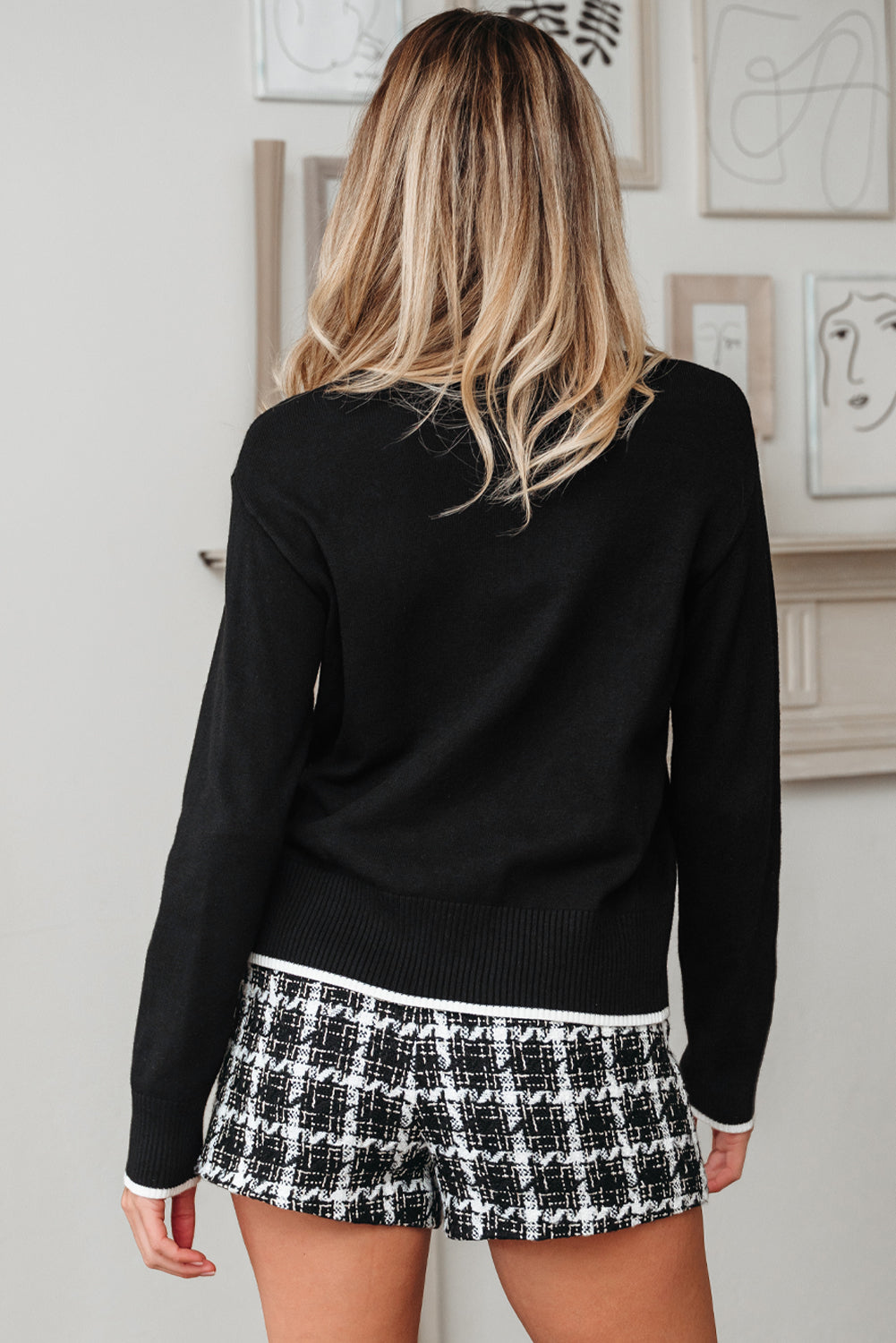 Bow Contrast Trim Long Sleeve Cropped Christmas Sweater