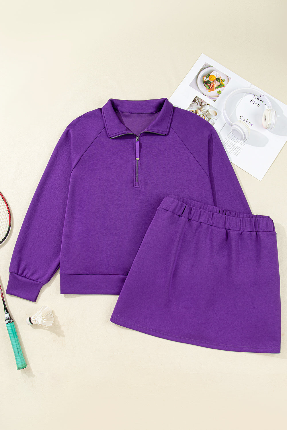 Plus Size Solid Half Zip Pullover and Mini Skirt Set