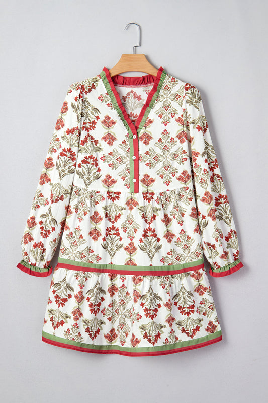 Floral Contrast Trim Frilled Neck Dress