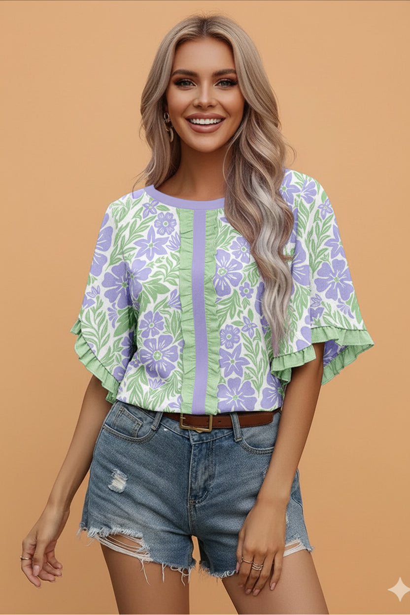 Floral Ruffle Colorblock Trim 3/4 Sleeve Blouse