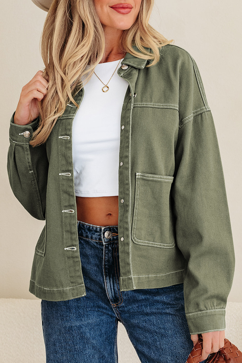 Denim Button-Up Patch Pocket Collared Jacket