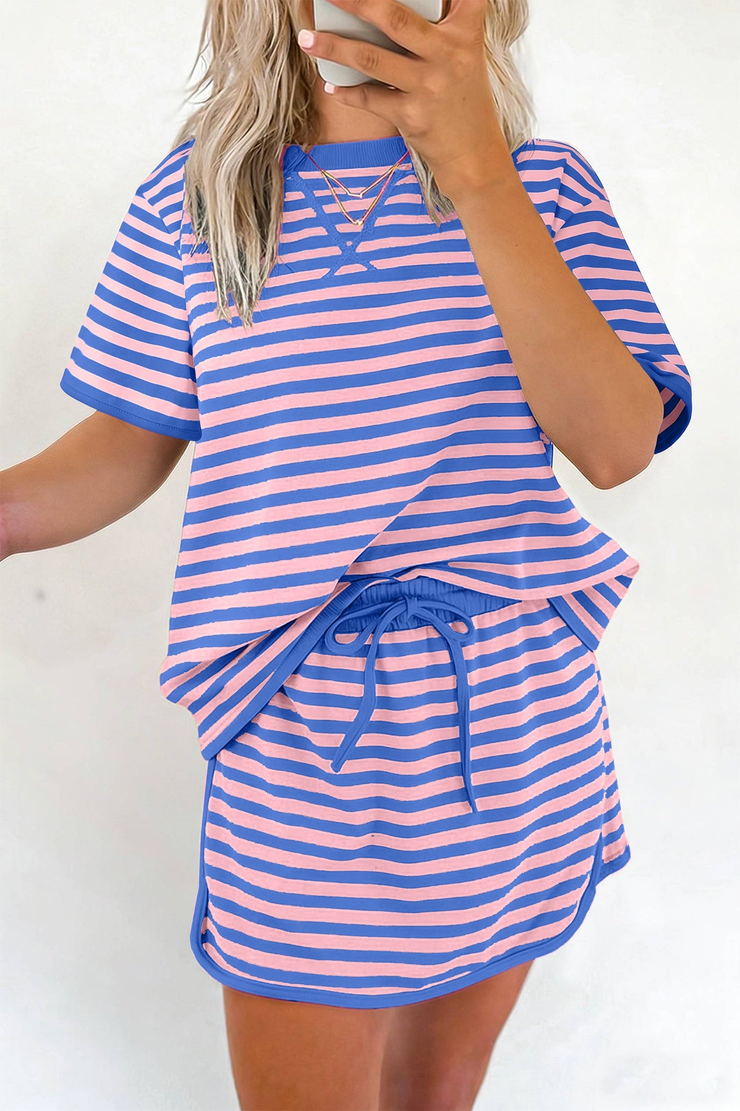 Stripe Contrast Trim Short Sleeve Top & Skirt Set