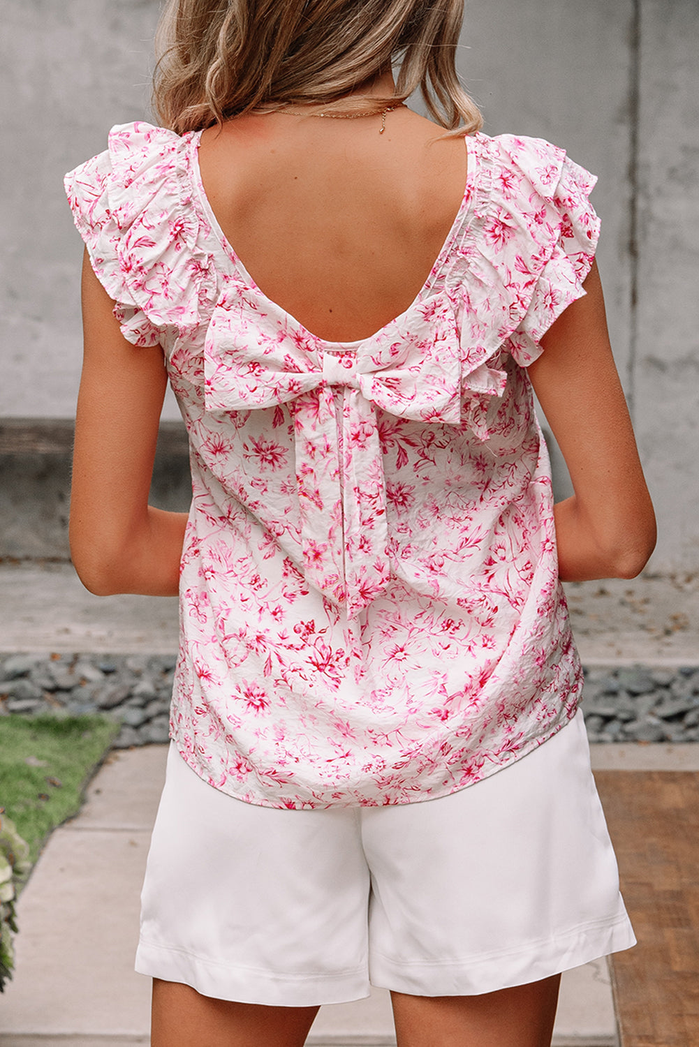 Floral Bow Back Ruffle Sleeve Blouse
