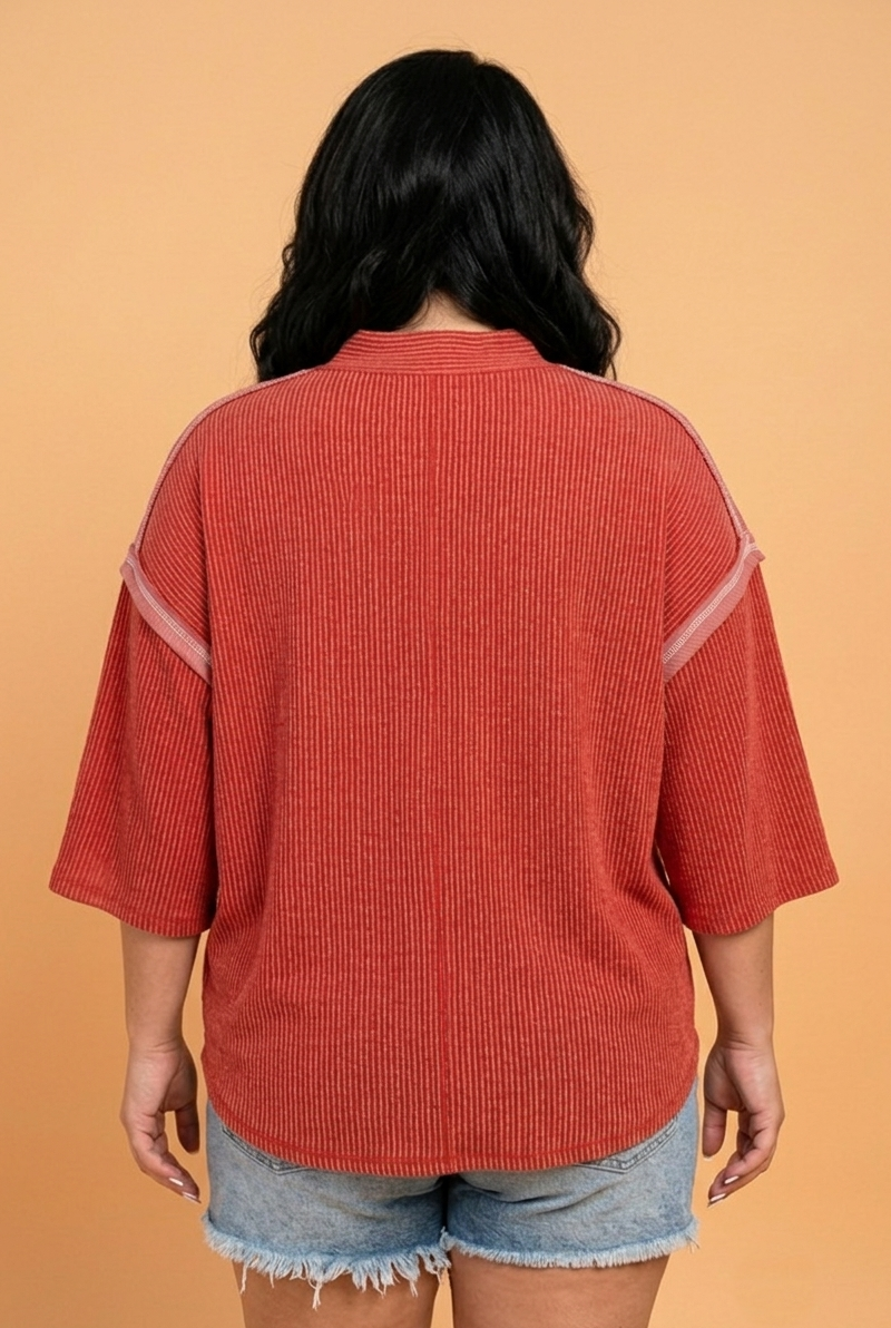 Plus Size Corded Knit Round Neck 3/4 Sleeve Blouse