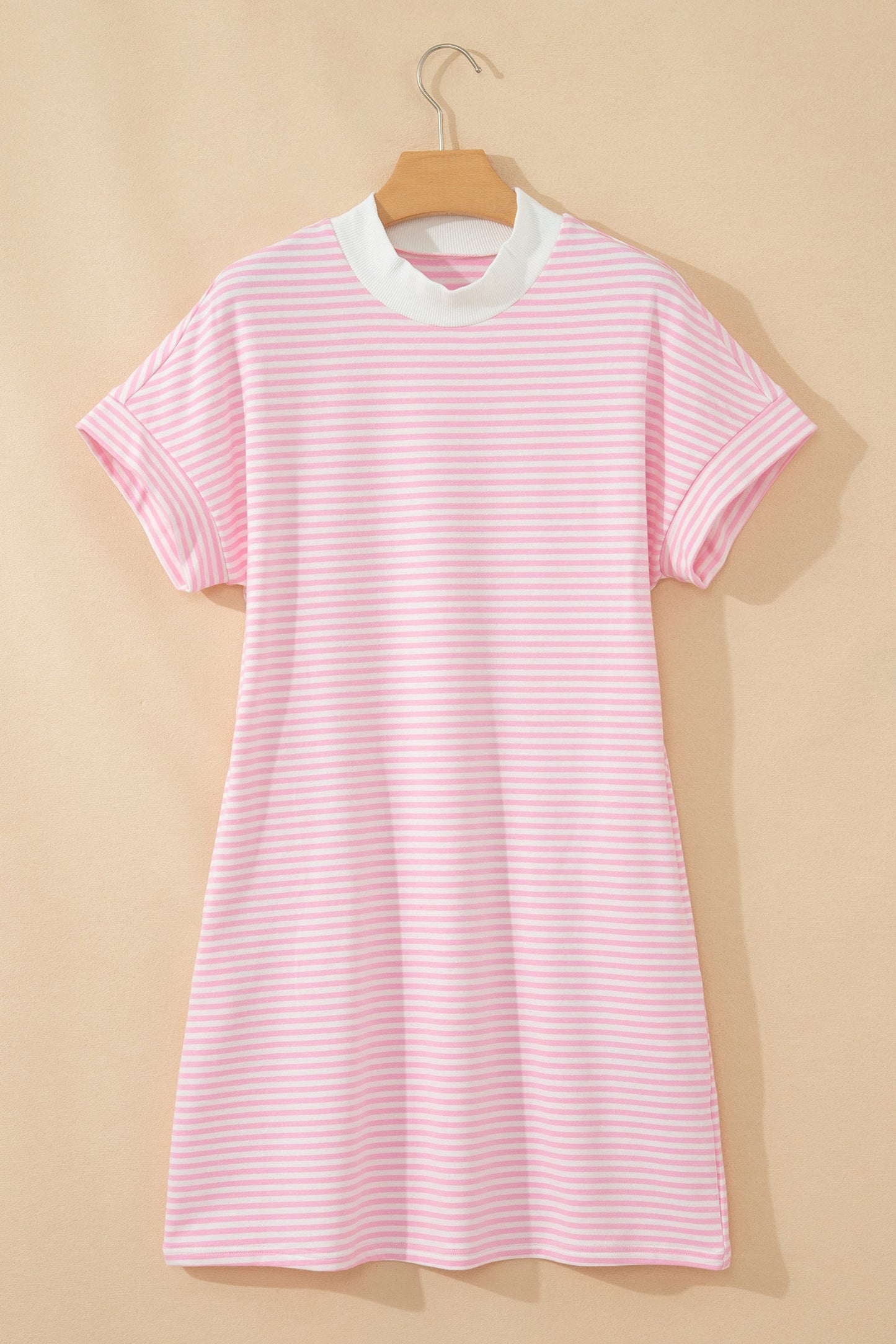 Stripe Mock Neck Cuffed Sleeve Tee Dress