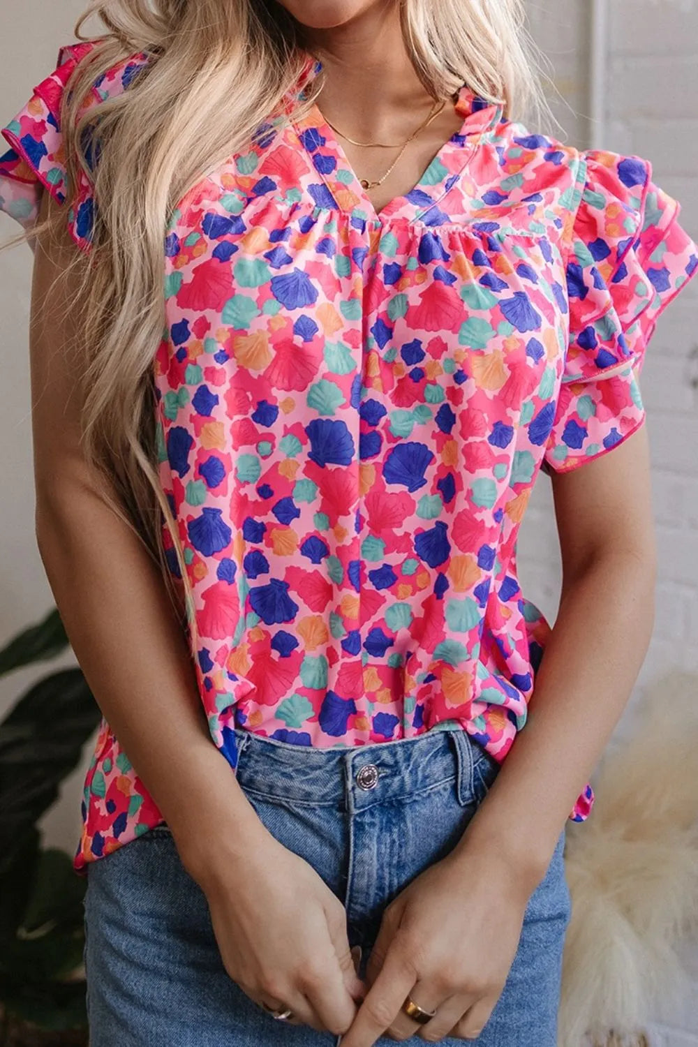 Abstract Print Ruffled Sleeve Notched Blouse