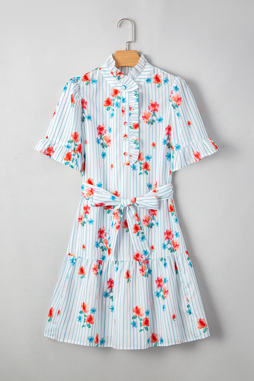 Stripe Floral Ruffle Sleeve Belted Mini Dress