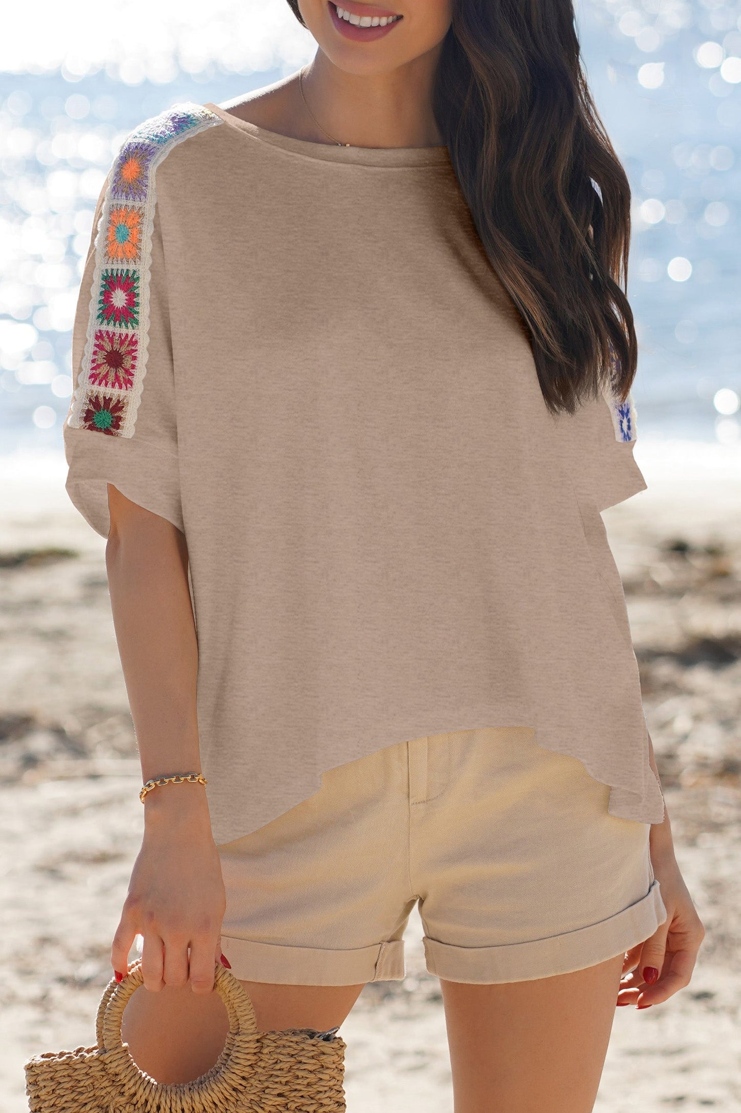 Granny Square Crochet Detail Loose T-Shirt