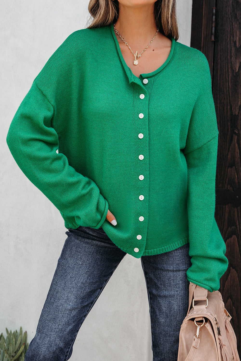Solid Knit Button-Up Drop Shoulder Sweater Cardigan