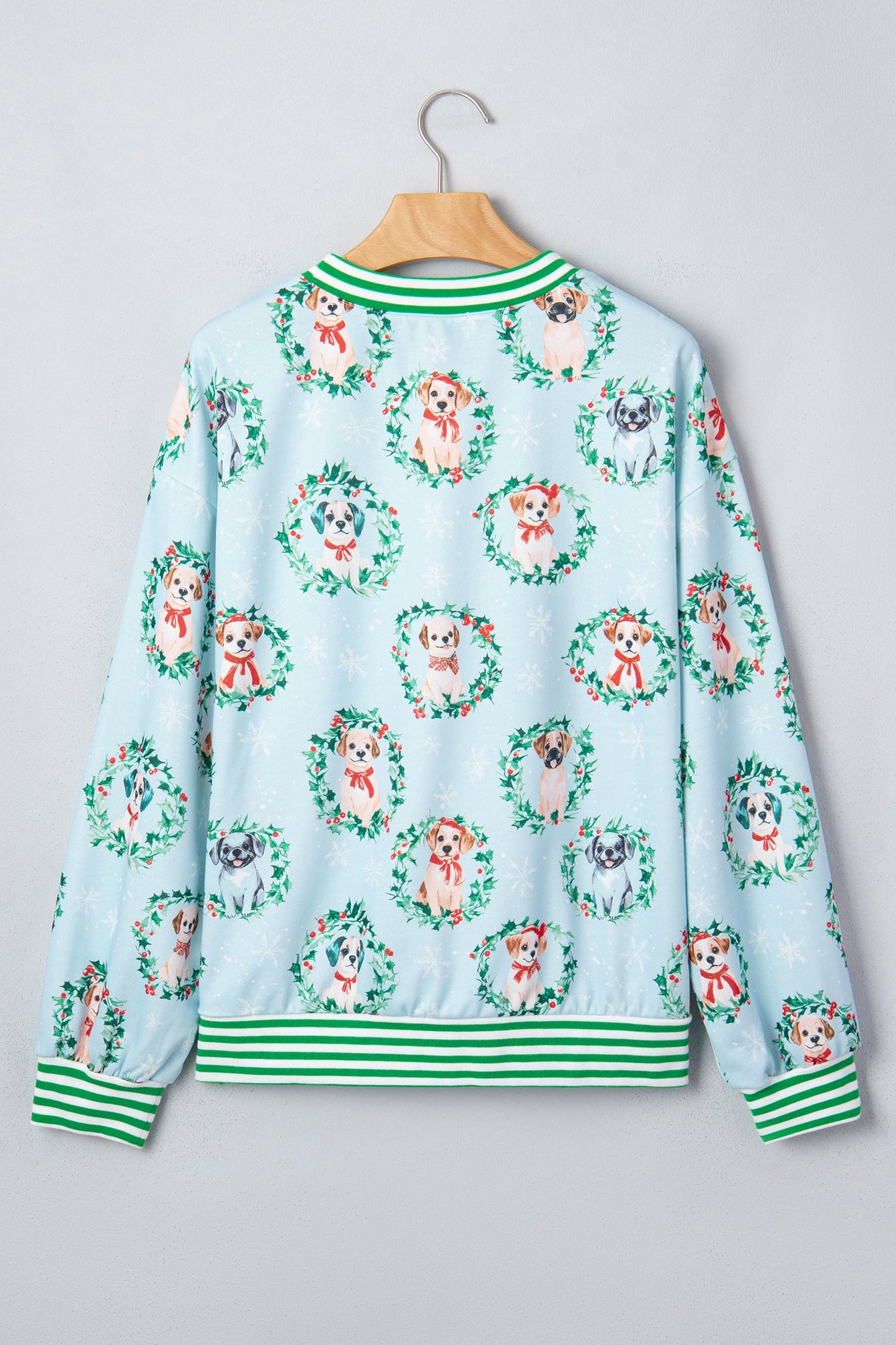 Christmas Wreath Dog Print Stripe Contrast Trim Sweatshirt