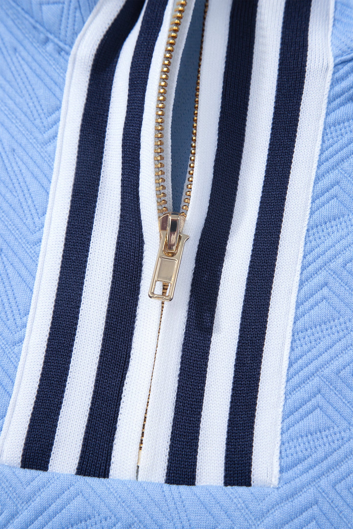 Stripe Trim Split Neck Puff Sleeve Textured Top