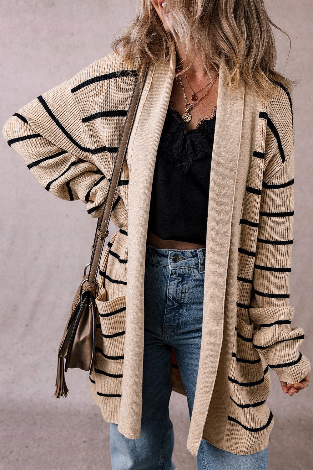 Stripe Shawl Neck Pocketed Open Cardigan