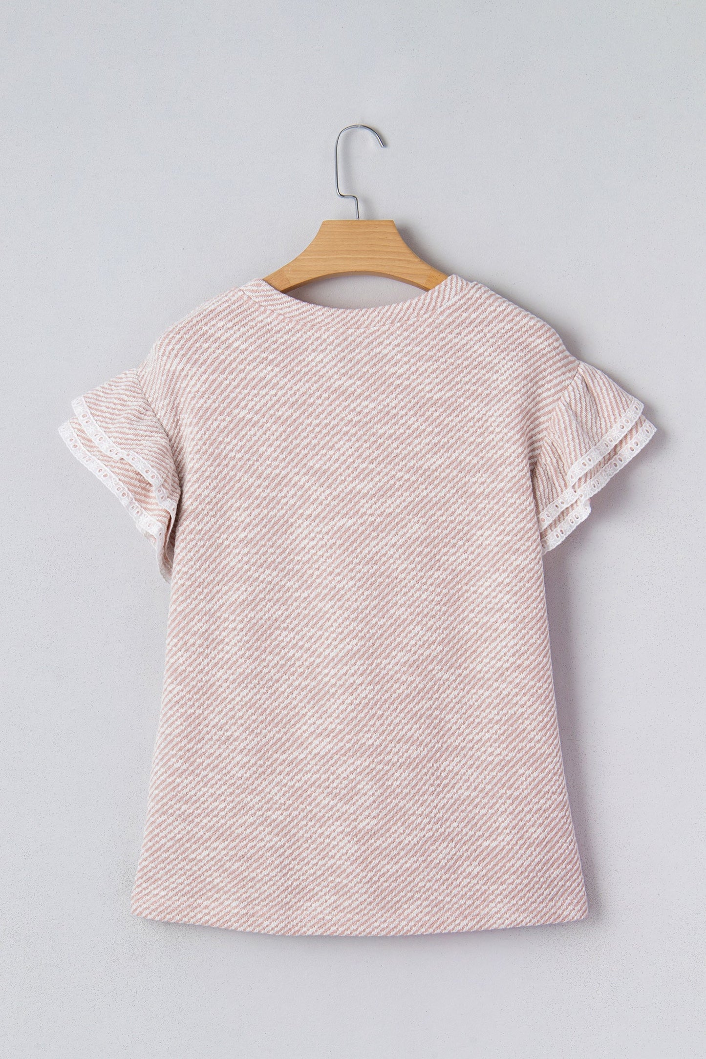 Stripe Lace Ruffle Short Sleeve Twill Blouse
