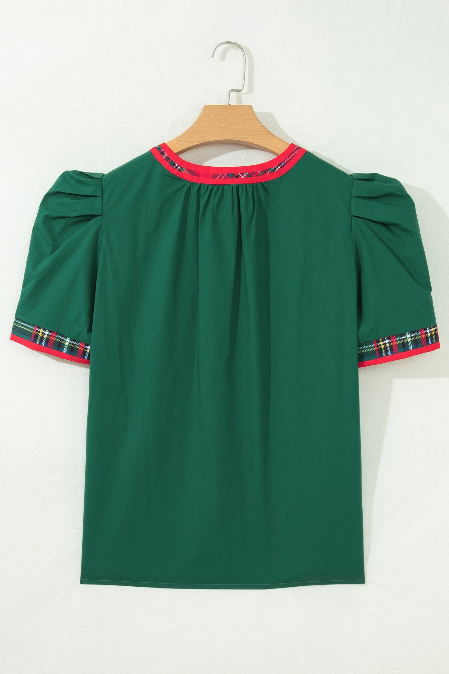 Plaid Contrast Trim V-Neck Short Sleeve Blouse