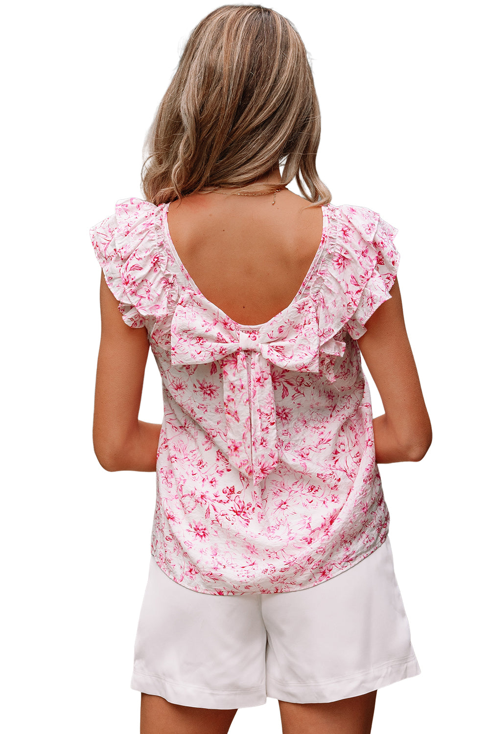 Floral Bow Back Ruffle Sleeve Blouse