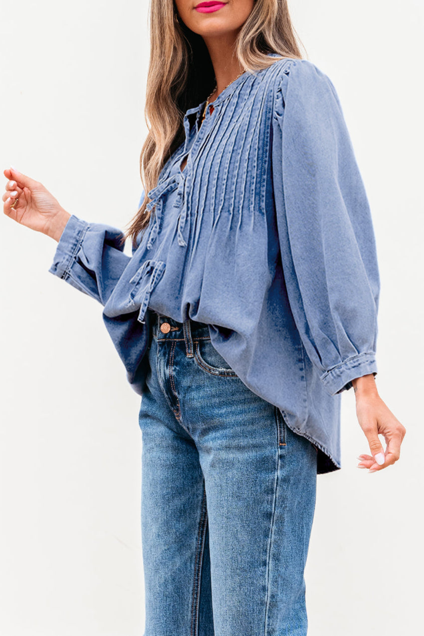 Denim Pleated Bow Tie Top