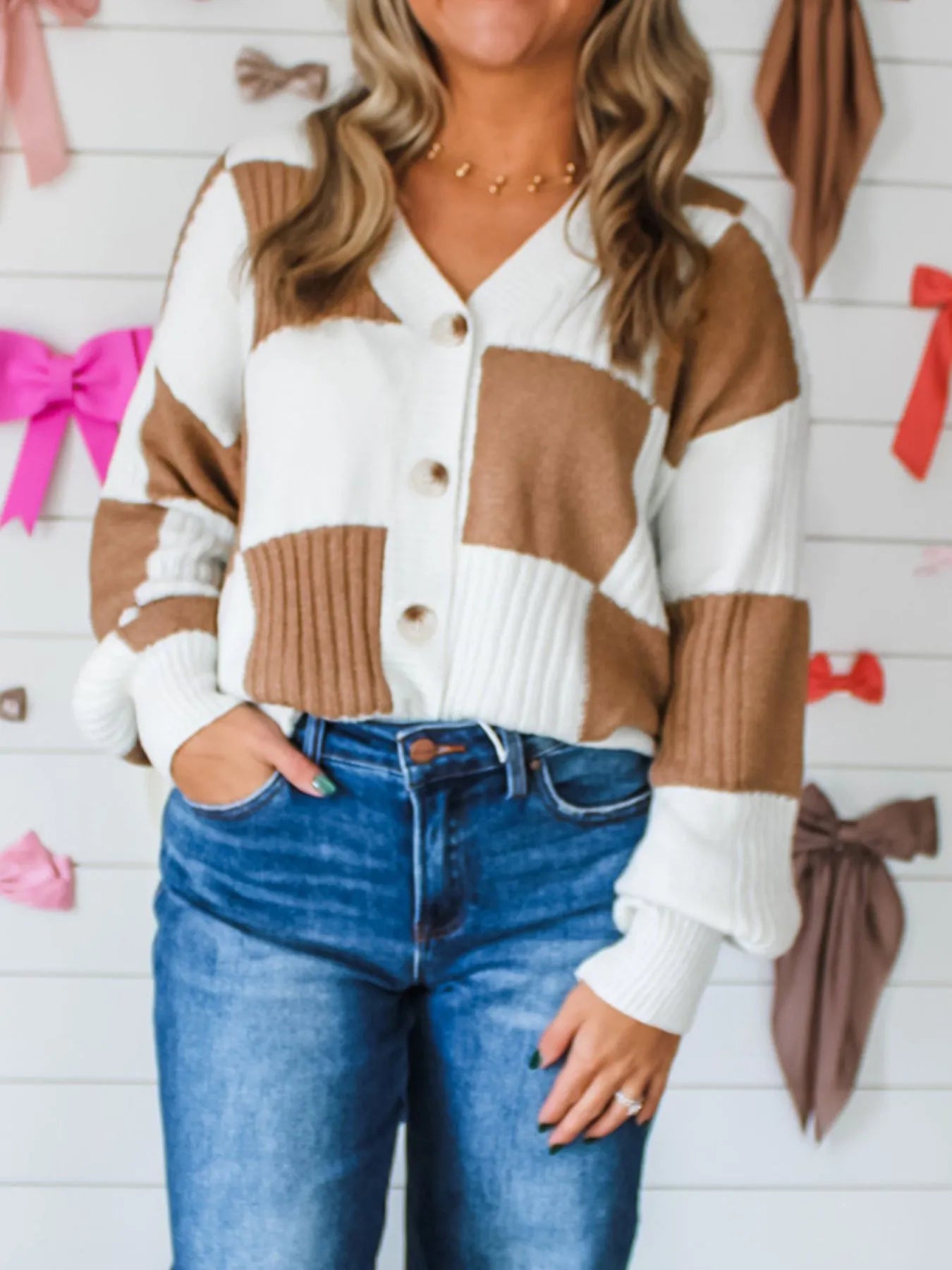 Women Color Block Knit Button-Up Cardigan Sweaters