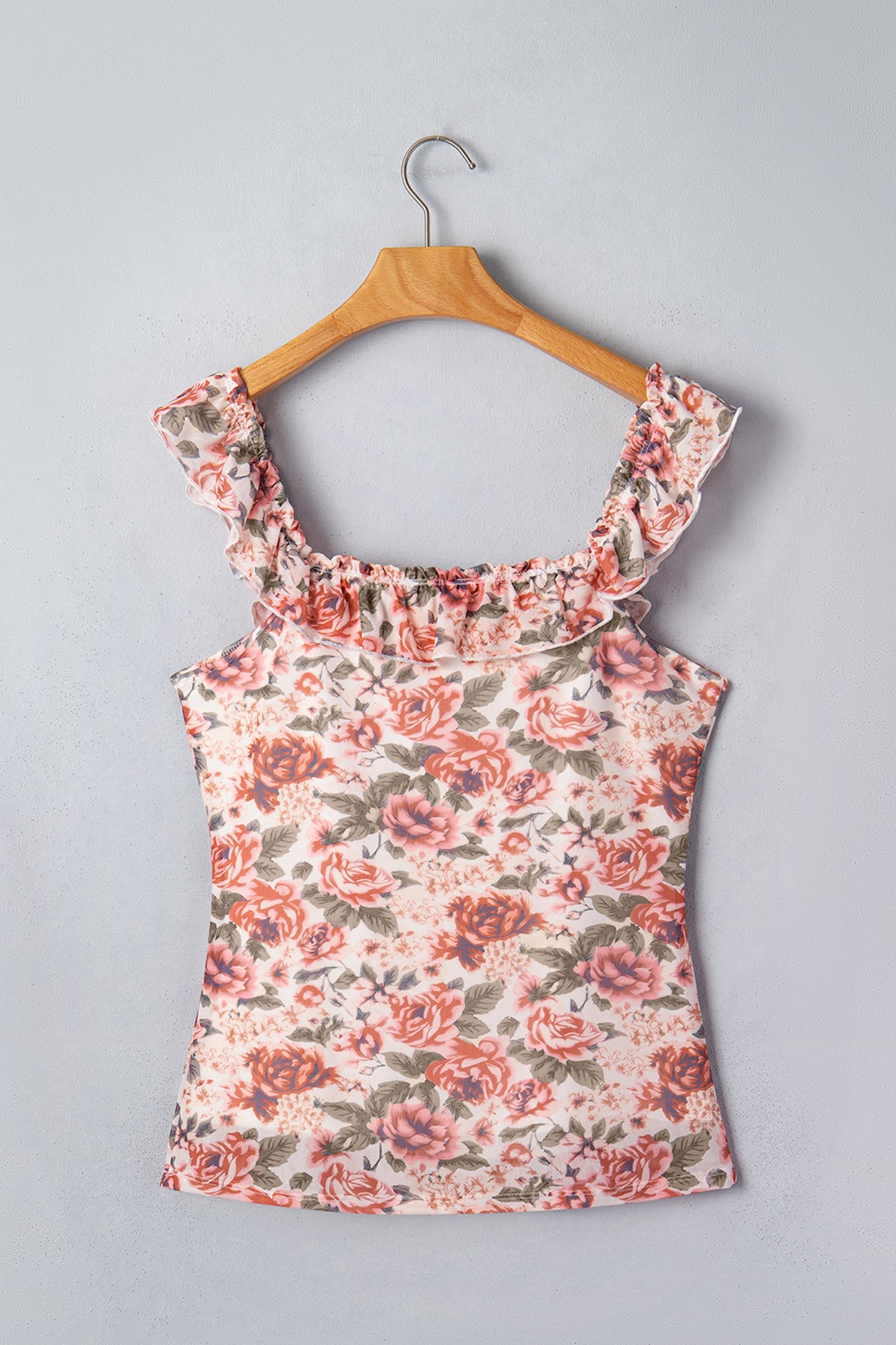 Floral Mesh Ruffle Square Neck Tank Top