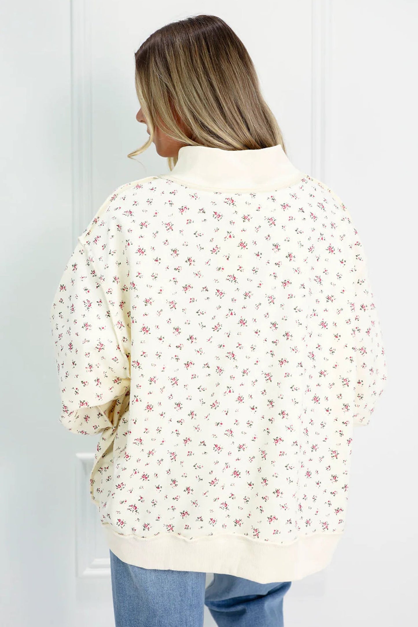 Floral Ribbed High Neck Exposed Hem Baggy Sweatshirt