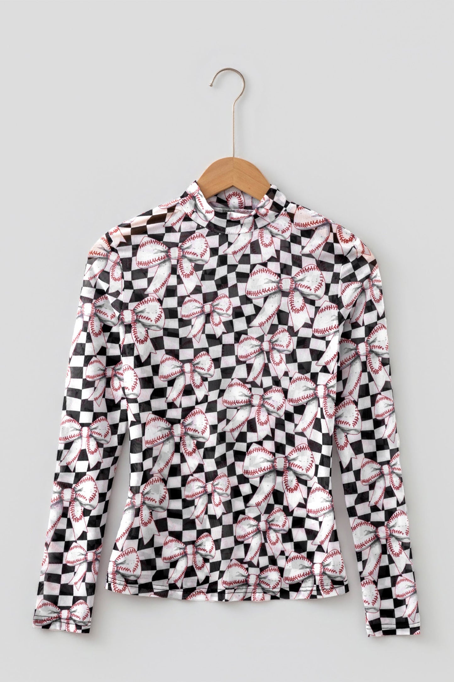 Checker Baseball Bow High Neck Long Sleeve Mesh Top